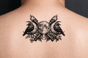 Triple moon with ravens on crescents, crossing torches behind, foxglove, belladonna. tattoo idea