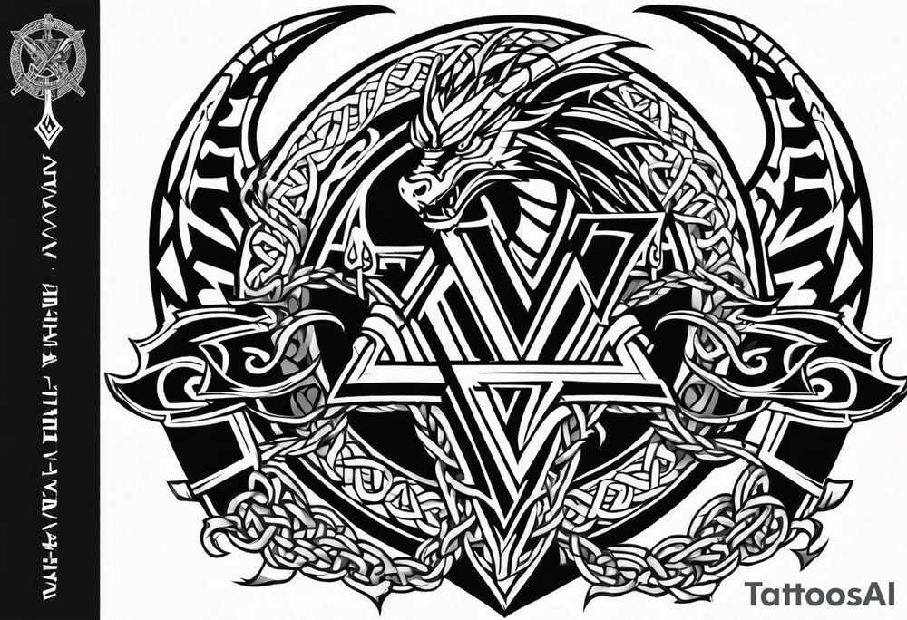 Valhalla sword shield dragon axe Valknut barbed wire chains tribal tattoo idea
