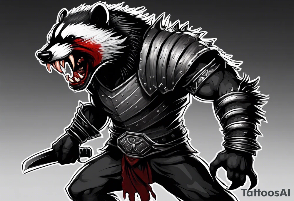 Draw me psychopath Honey Badger/Berserker with aggressive full body, killer face with a scary smile, very long nails and he attacks like a Bloody Assassin/Warrior/Gladiator to us and also, he has very deadly looking. He fights with his nails. Everybody scares after their first sight. Give me horror type Badger Tattoo. I want to see his Realistic full body with no weapons. tattoo idea