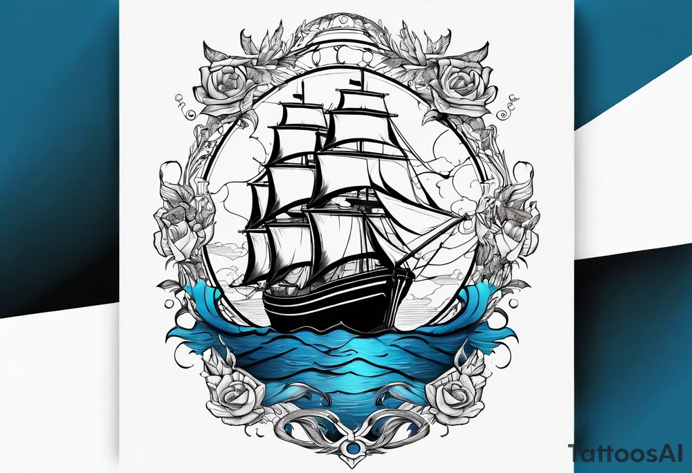 bateau, phare maritime, phoenix, rose des vents et lune bleu. tattoo idea