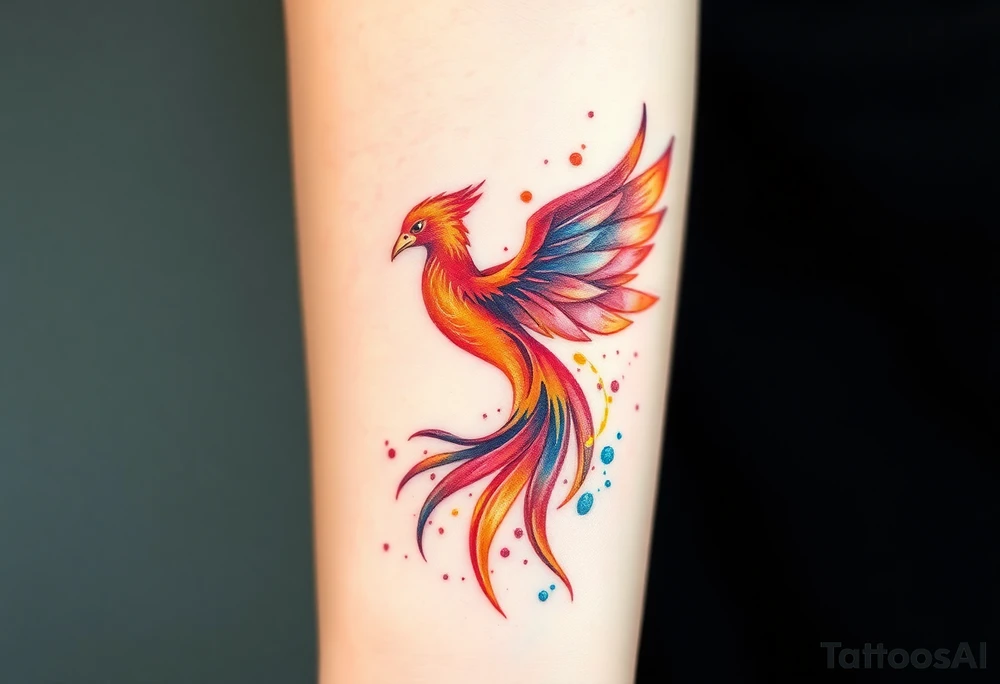 Phoenix with splashes of color in fire tattoo idea