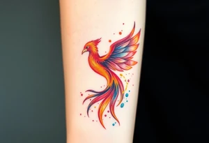 Phoenix with splashes of color in fire tattoo idea