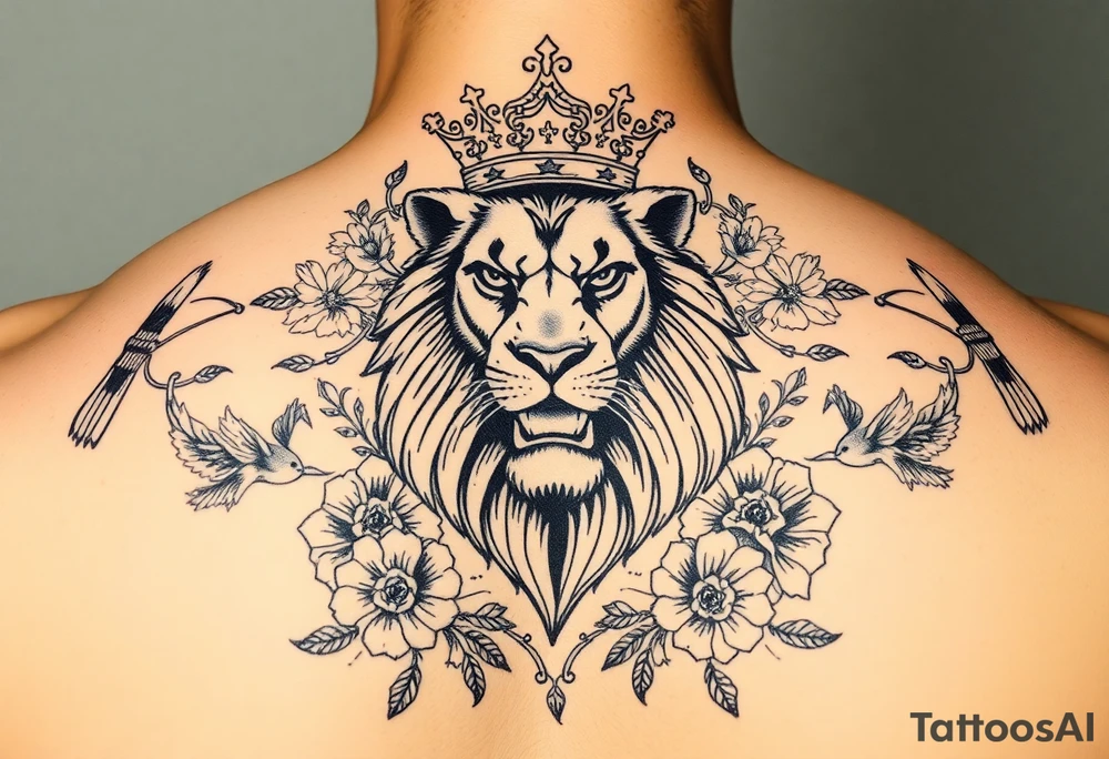 powerful majestic lion with a crown, surrounded by floral ornaments and birds tattoo idea