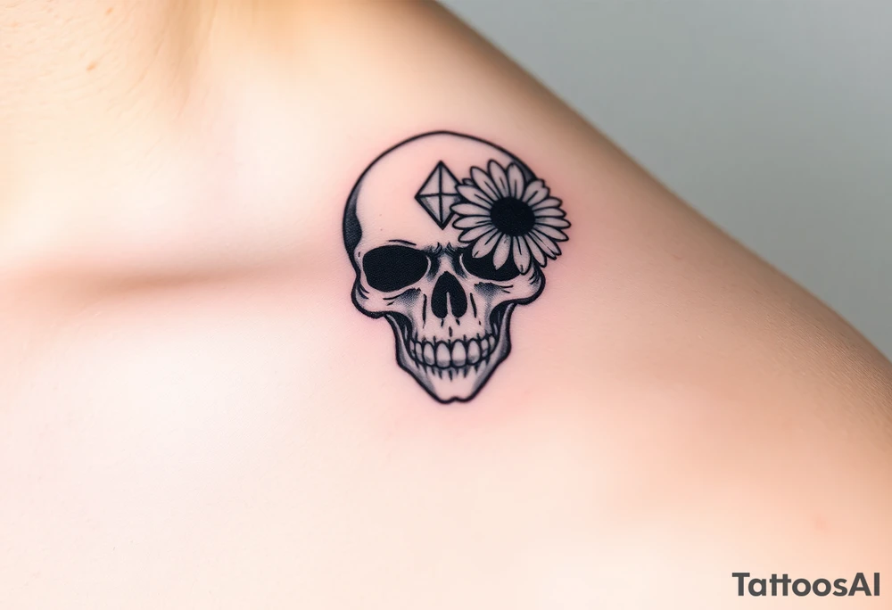Masculine skull with a diamond and daisy tattoo idea
