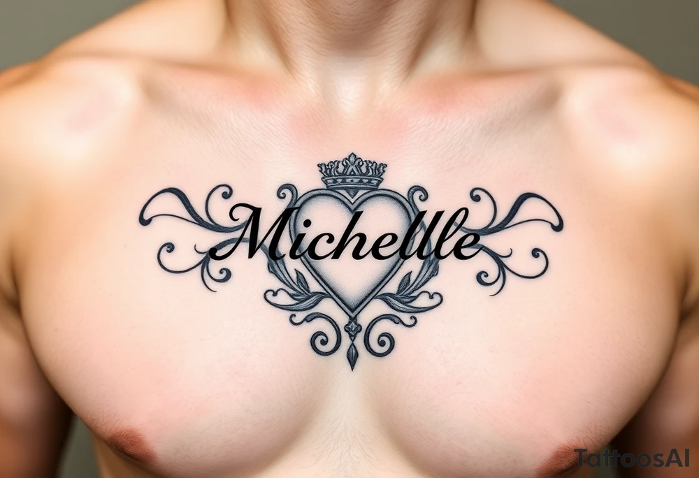 Design a tattoo for a man’s chest of a woman’s name (Michelle). Incorporate a subtle Irish Claddagh. Have the name Michelle separate to the heart. tattoo idea