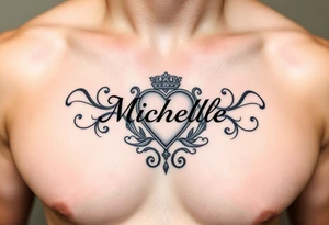 Design a tattoo for a man’s chest of a woman’s name (Michelle). Incorporate a subtle Irish Claddagh. Have the name Michelle separate to the heart. tattoo idea