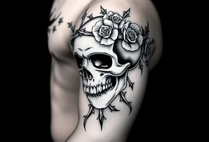 ornate skull adorned with crown of wild roses and thorns tattoo idea