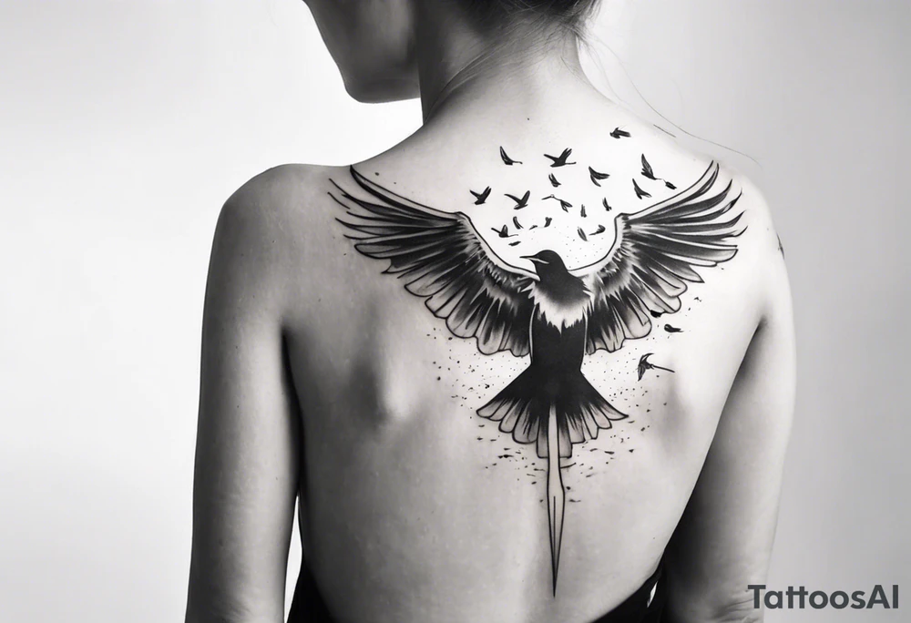a shoulder tattoo with rays of light, clouds and birds flying free tattoo idea