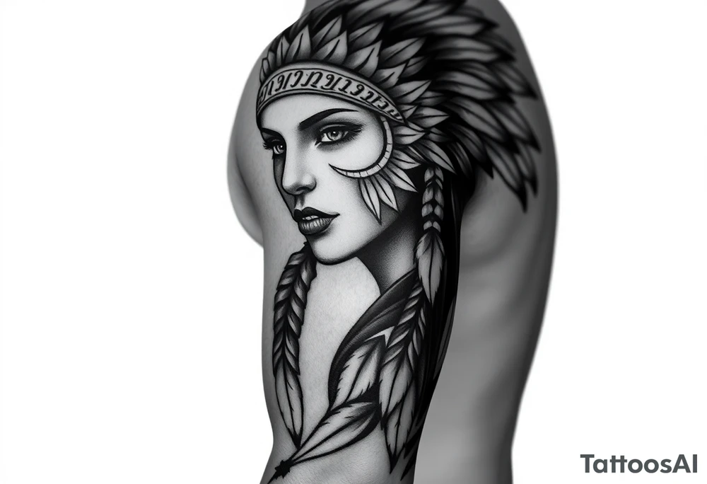 Native American girl with headdress the sun and arrowhead tattoo idea