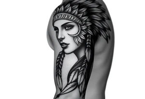 Native American girl with headdress the sun and arrowhead tattoo idea