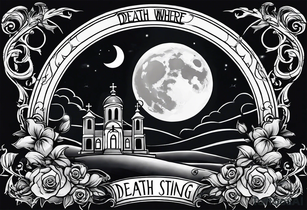 graveyard with moon with the words death where is your sting tattoo idea