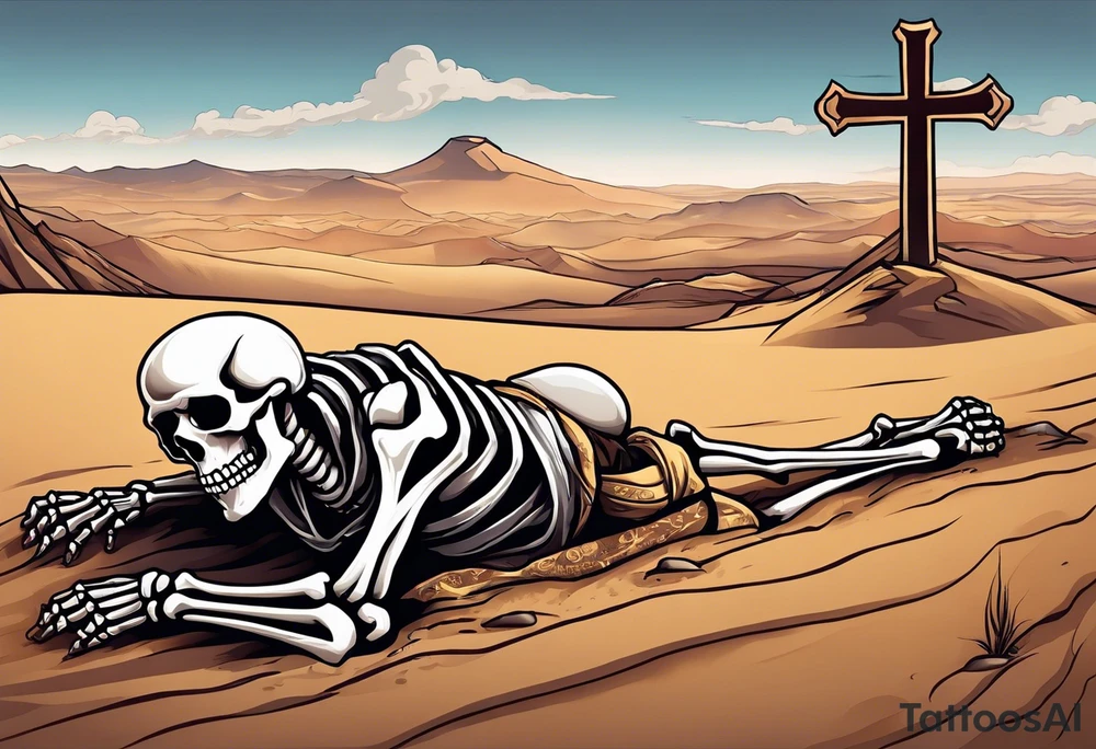 skeleton crawling towards a cross in a desert tattoo idea