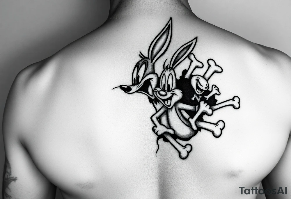 i want the looney toons breaking out of right rib cage and as their body parts exit they turn to bones (representing my four kids 3 boys 1 girl) taz, bugz, tweety, lola tattoo idea