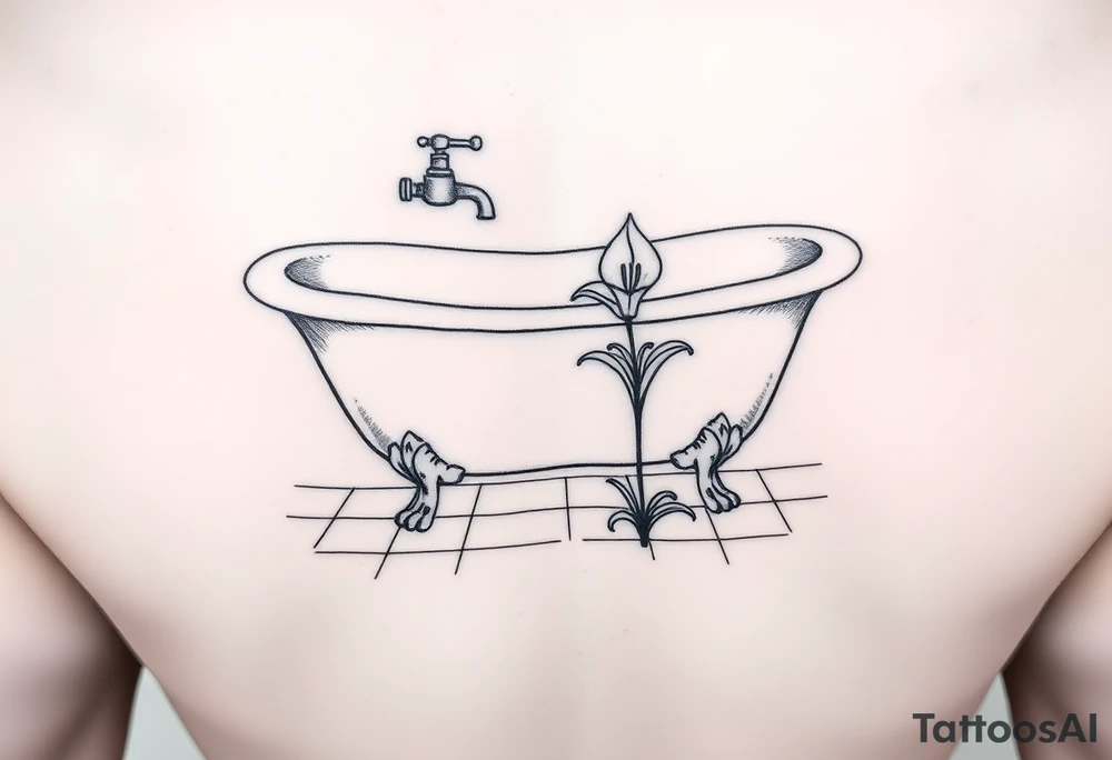 clawfoot bathtub with simple faucet and lily coming up out of the tile floor tattoo idea