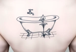 clawfoot bathtub with simple faucet and lily coming up out of the tile floor tattoo idea