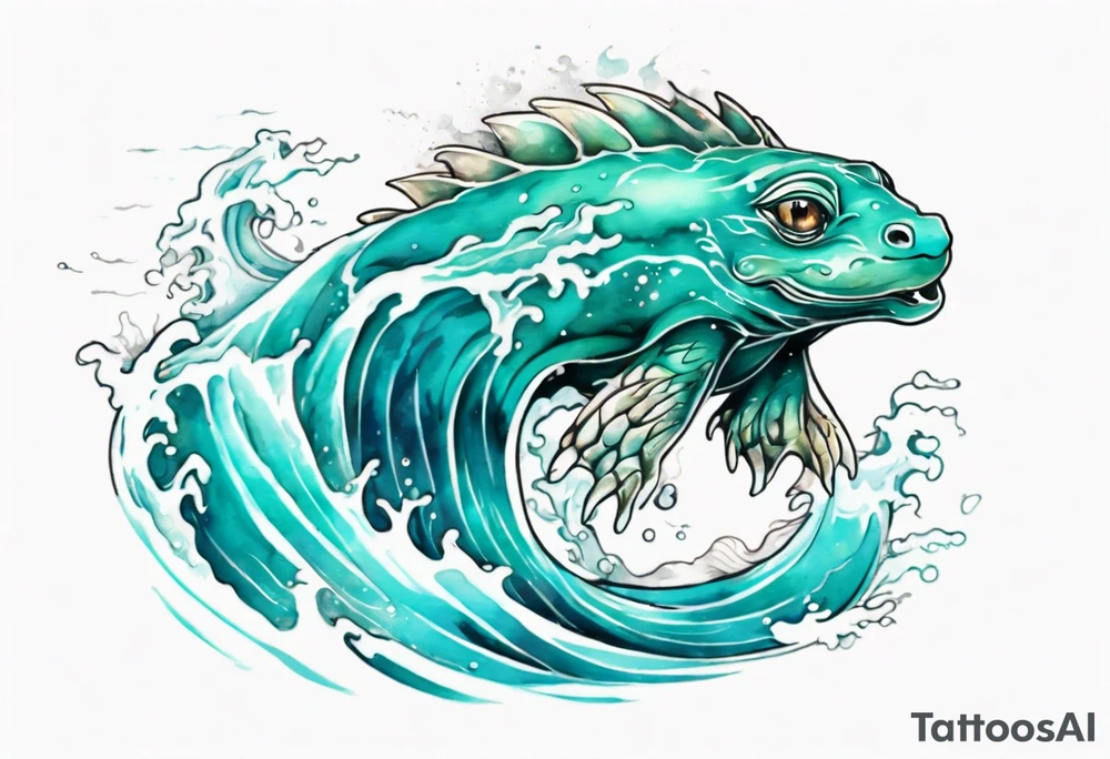 a beautiful turquoise kappa emerging from an ocean wave, crashing onto the shore tattoo idea