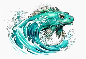 a beautiful turquoise kappa emerging from an ocean wave, crashing onto the shore tattoo idea