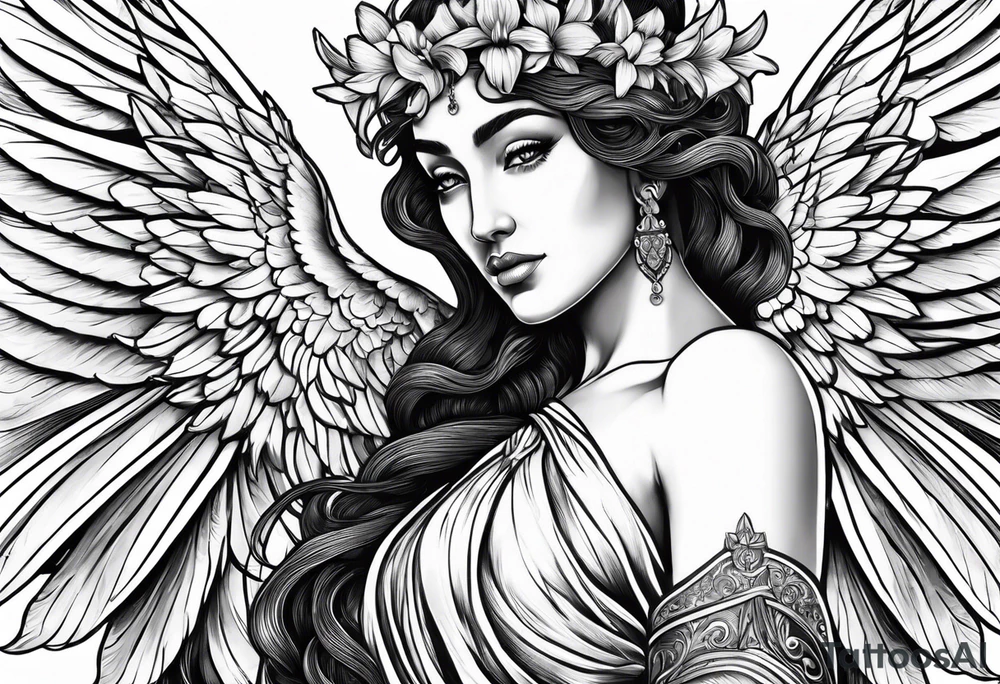 Greek goddess iris with wings coming from her back tattoo idea Greek goddess iris with wings coming from her back tattoo idea