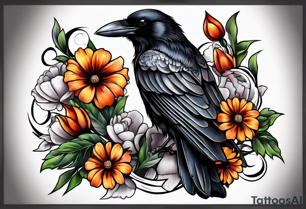 crow and flowers half sleeve tattoo idea