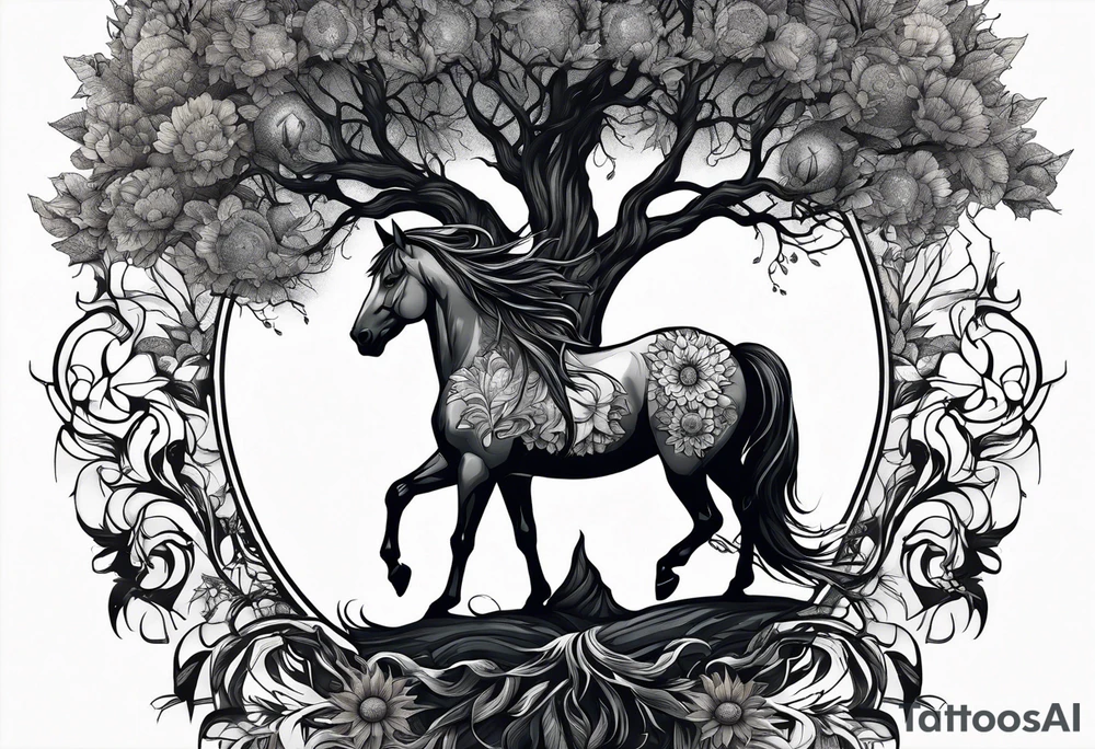 Yggdrasil tree, horse in front of it, and sunflowers tattoo idea