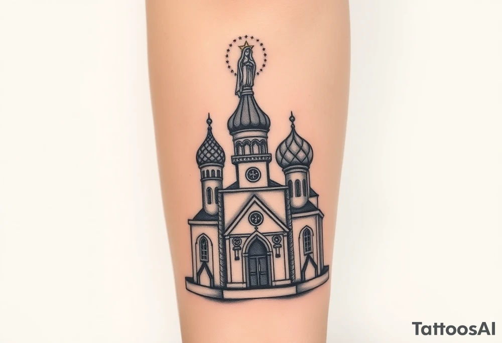 in a dorsal view a detailed medium sized country style orthodox church with onion domes and a band at the front with mist shrouding the top and fading into a virgin mary overlooking above at the top tattoo idea