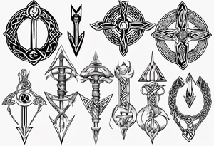 Celtic arrow
 including symbols for temperance wisdom courage justice tattoo idea