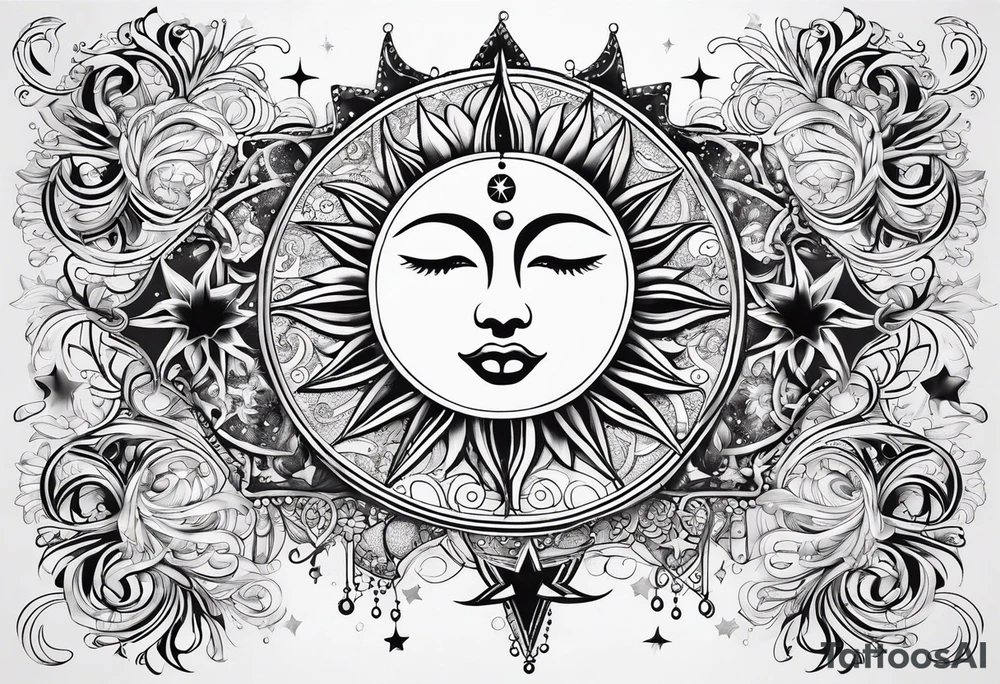 Feminine Sun and moon. long rectangular sternum swirls with dots and stars tattoo idea