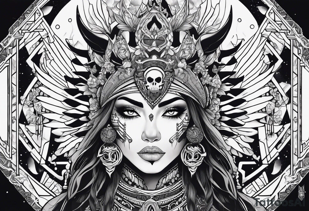 kali, alien goddess, valkrye, pirate, zenza resonance, pachamama, lotus azul, blank panther, eagle, skull, 5D, nueva gaya, dna 12 tattoo idea