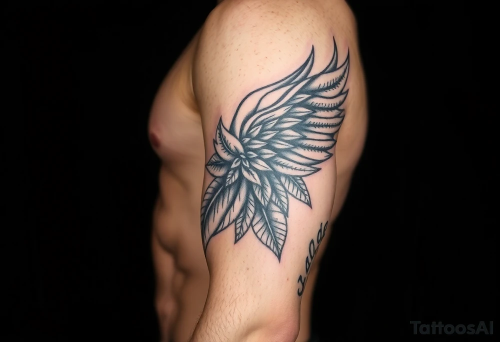 Forearm sleeve tattoo including details of a few jungle leafs,Bold and powerful Puerto Rican tribal theme, wing with 100 dollar patterns in it tattoo idea
