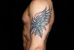 Forearm sleeve tattoo including details of a few jungle leafs,Bold and powerful Puerto Rican tribal theme, wing with 100 dollar patterns in it tattoo idea
