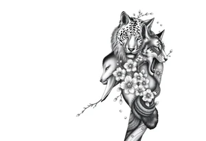 this is a full arm sleeve. All black with a wolf, tiger, whale and fox with sakura branches tattoo idea