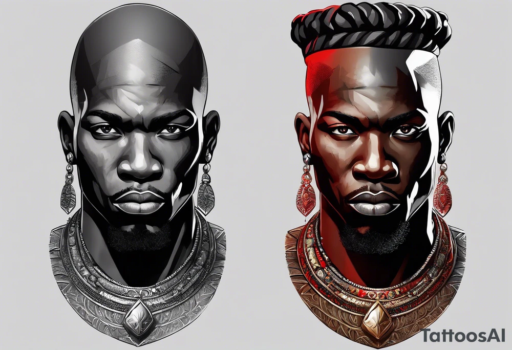 Black-skinned bald african warrior. He is a god of the war. Wears a simple red necklace and a silver crown tattoo idea