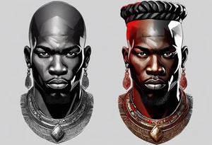 Black-skinned bald african warrior. He is a god of the war. Wears a simple red necklace and a silver crown tattoo idea