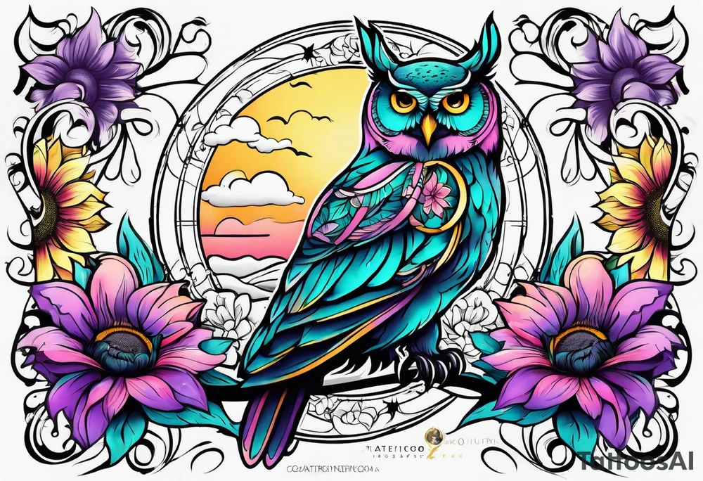 Teal, pink and purple owl and yellow sunflowers sleeve tattoo idea