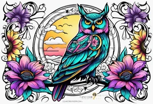 Teal, pink and purple owl and yellow sunflowers sleeve tattoo idea