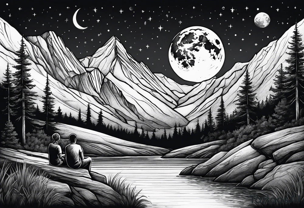 a family of three sitting in a nature with mountains, waterfall, water, and a cross in the background and and moon in the sky with stars tattoo idea