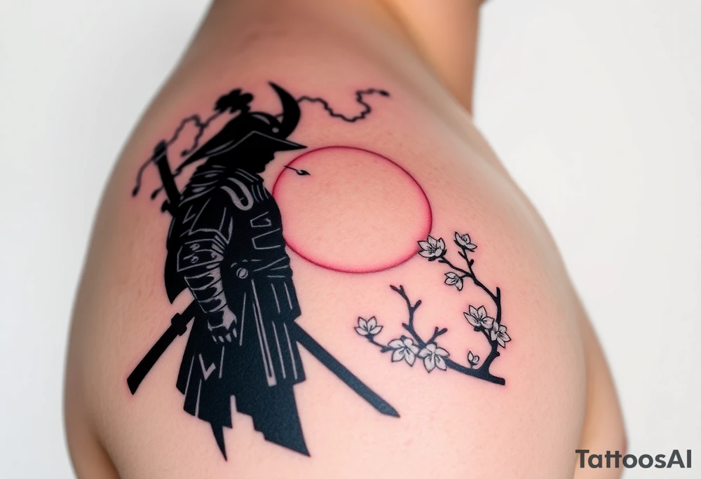 noble samurai warrior silhouette at sunset with cherry blossoms tattoo idea