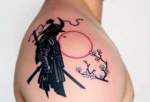 noble samurai warrior silhouette at sunset with cherry blossoms tattoo idea