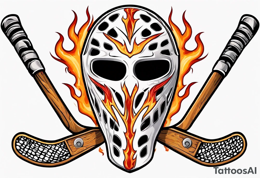 a goalie mask with crossed hockey sticks and flames saying "SHOT HOCKEY" tattoo idea