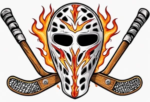a goalie mask with crossed hockey sticks and flames saying "SHOT HOCKEY" tattoo idea