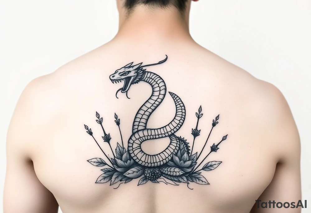 More large mythical creepy serpent near plants tattoo idea