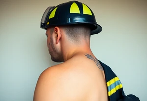 A firefighter’s turnout gear hanging on a wall, with realistic fabric textures in dark navy, contrasted by bright reflective stripes. tattoo idea