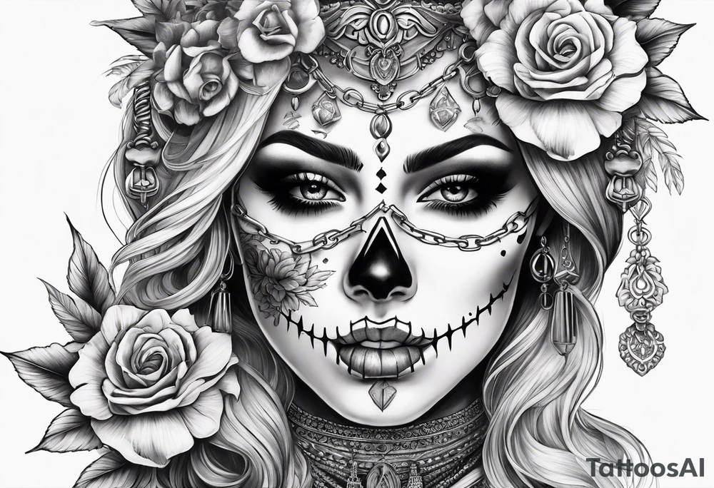 Draw me a Lady like skull with smoke out of his mouth add some flowers underneath with some ornamentals and Chains under it tattoo idea