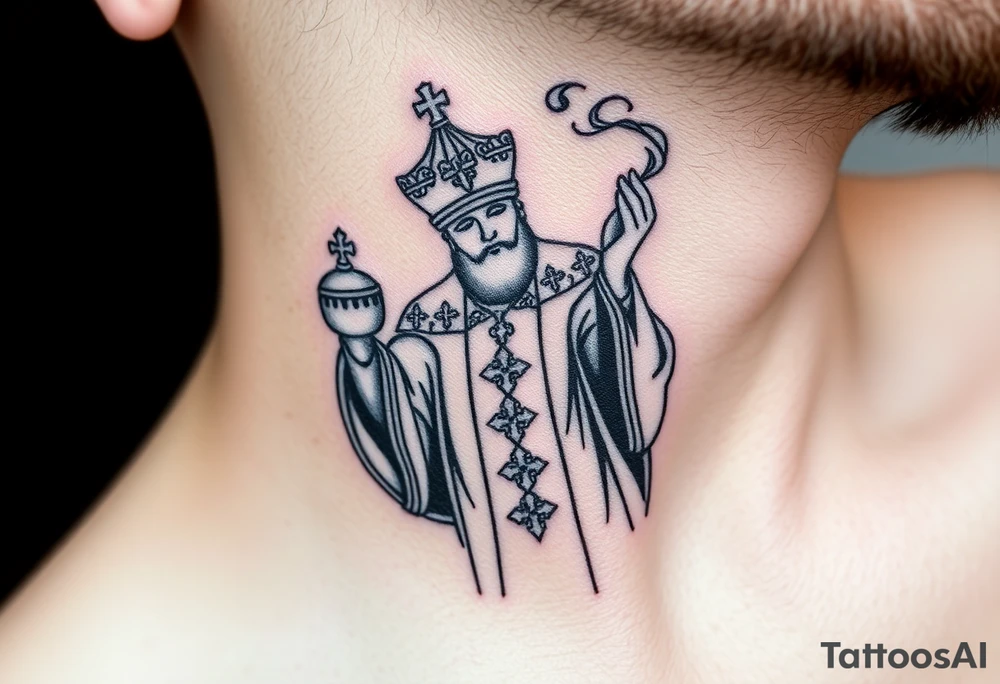 Russian Orthodox Priest in fully detailed vestment swinging a censer with smoke curling upward tattoo idea