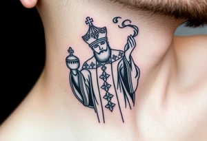 Russian Orthodox Priest in fully detailed vestment swinging a censer with smoke curling upward tattoo idea
