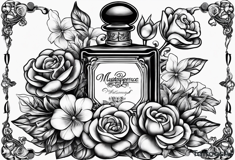 Pearl necklace wrapped around 1950s perfume bottle with flowers and bows surrounding tattoo idea