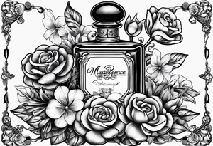 Pearl necklace wrapped around 1950s perfume bottle with flowers and bows surrounding tattoo idea