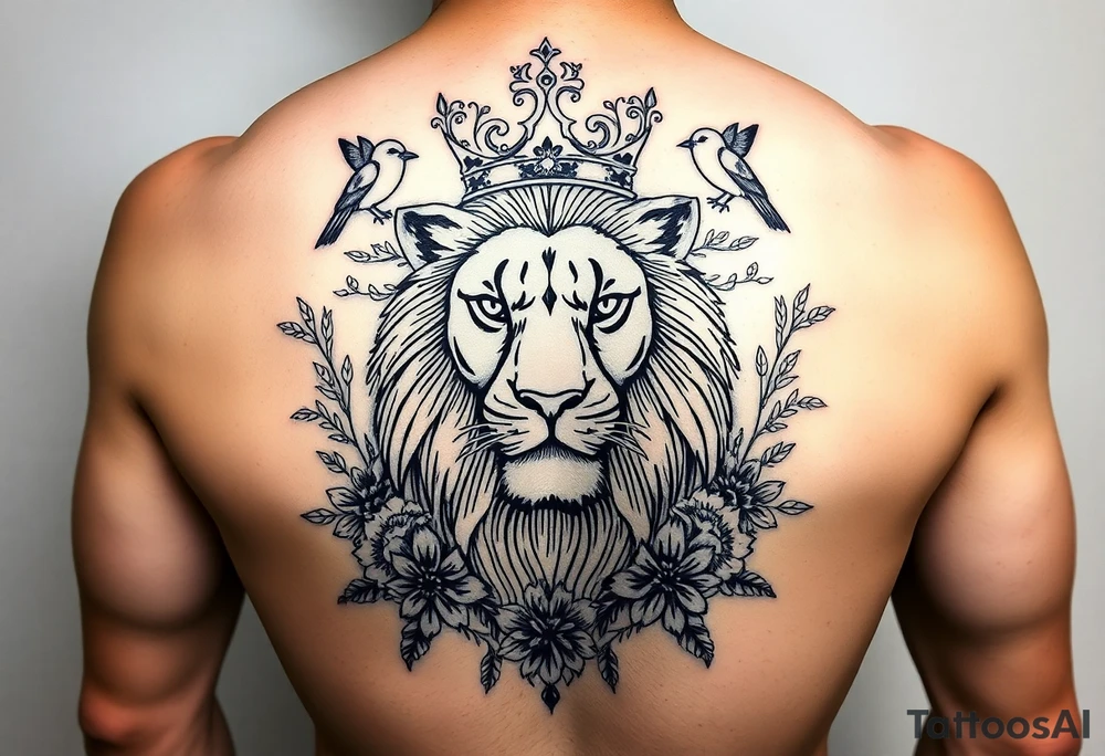 powerful majestic lion with a crown, surrounded by floral ornaments and birds tattoo idea