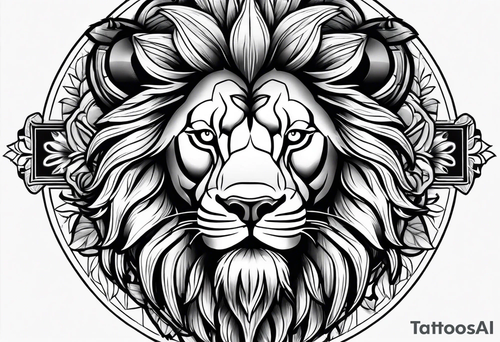 Lion face on thigh w medala tattoo idea