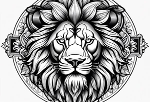 Lion face on thigh w medala tattoo idea